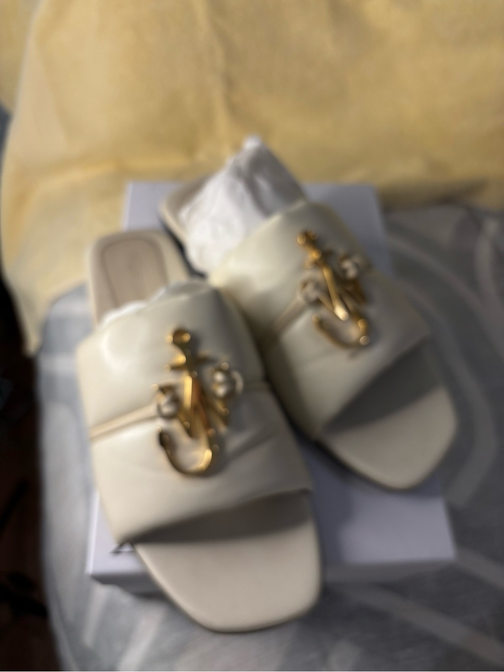 JW Anderson Women's Cream Slide Sandals with Gold Accent Euro 40